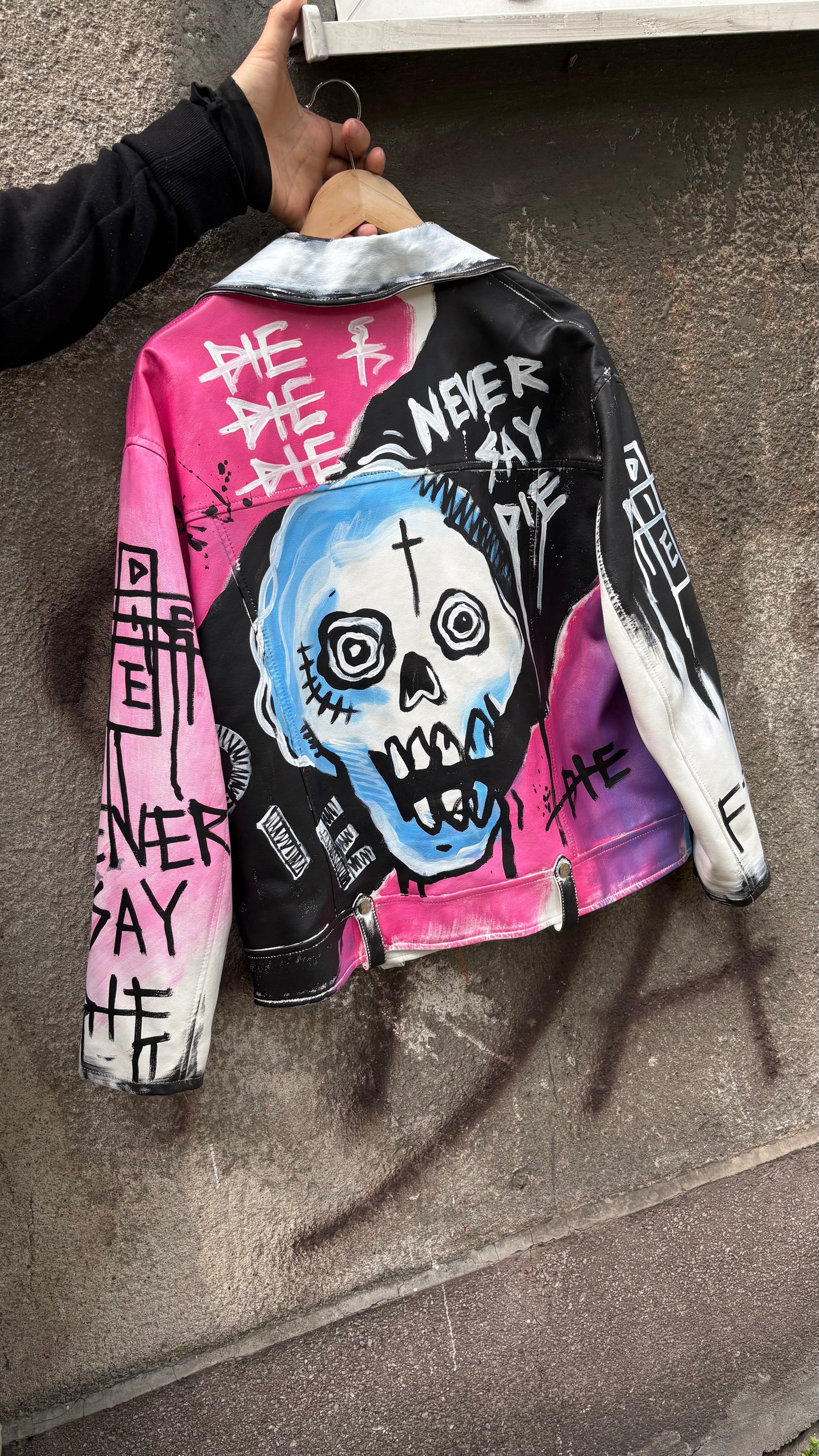 «Never Say Die» Hand-Painted Biker Jacket